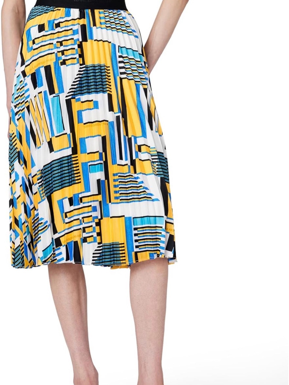Karl Lagerfeld Geometric Pleated Midi Skirt in Yellow, Blue & Black